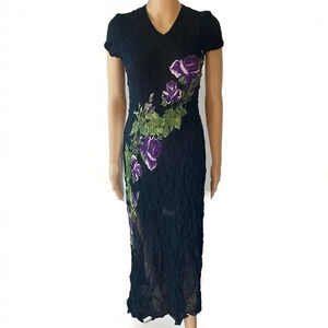 VTG 90s-Y2K American Angel Mid Dress Mesh Crinkle Black Goth Multi Floral Split